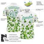 Custom St. Patricks Day Golf Polo Shirt with Personalized Name & Number, 3D Pattern Design in White & Kelly Green Personalized