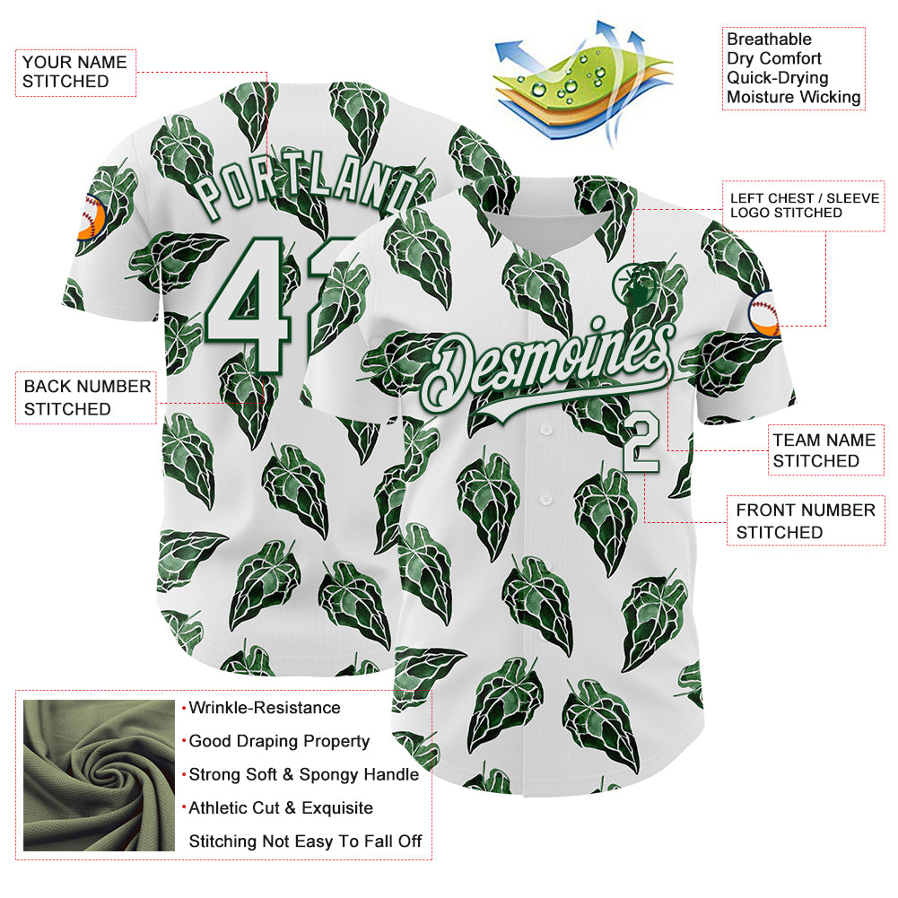 Personalized White Kelly Green 3D Pattern Design Tropical Anthurium Crystal Authentic Baseball Jersey Team Custom Name and Number Personalized Tropical Anthurium Baseball Jersey 3D Pattern Custom Name & Number in White and Kelly Green Personalized White - Image 3