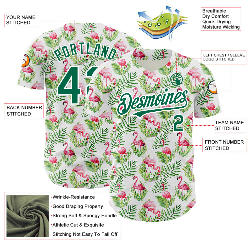 Personalized White Kelly Green 3D Pattern Design Tropical Hawaii Palm Leaves And Flamingo Authentic Baseball Jersey Team Custom Name and Number Personalized Tropical Hawaii Palm Leaves Flamingo Baseball Jersey Custom Name and Number - White Kelly Green 3D Pattern Design - Image 3