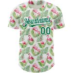 Personalized Tropical Hawaii Palm Leaves Flamingo Baseball Jersey Custom Name and Number - White Kelly Green 3D Pattern Design