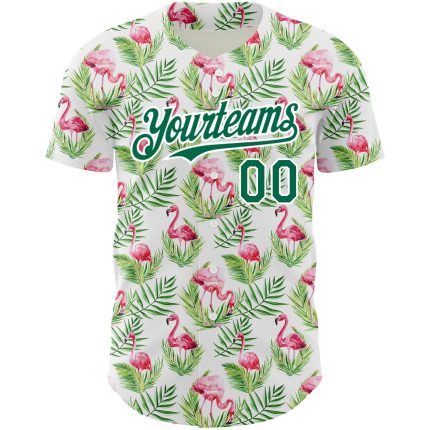 Personalized Tropical Hawaii Palm Leaves Flamingo Baseball Jersey Custom Name and Number - White Kelly Green 3D Pattern Design