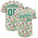 Personalized Tropical Hawaii Palm Leaves Flamingo Baseball Jersey Custom Name and Number - White Kelly Green 3D Pattern Design