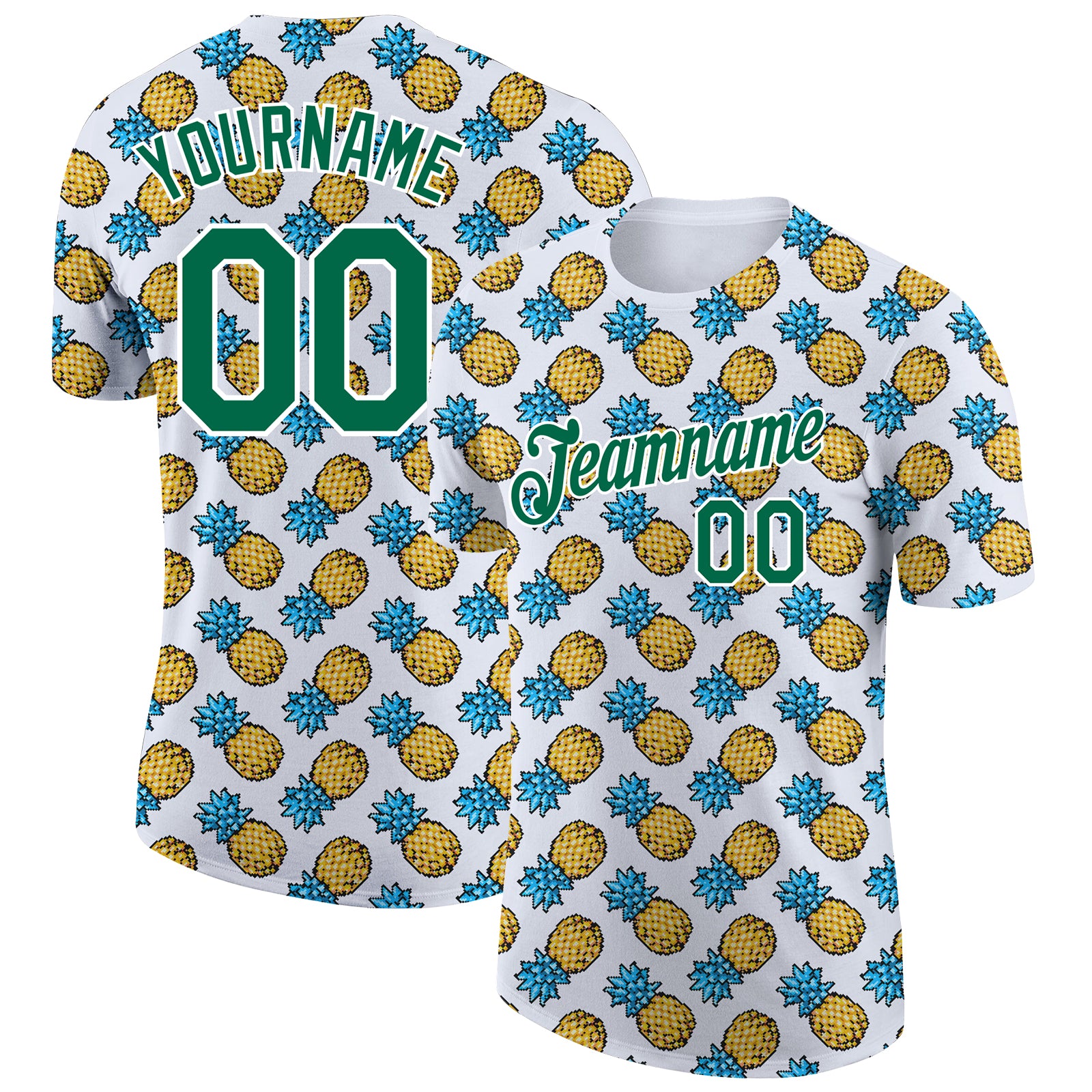 Custom Tropical Pineapple Performance T-Shirt with Name and Number, Personalized White and Kelly Green 3D Pattern Design