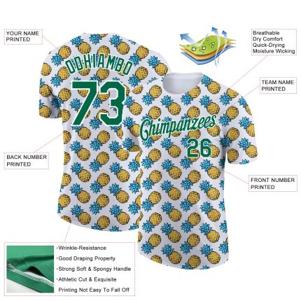 Custom Tropical Pineapple Performance T-Shirt with Name and Number, Personalized White and Kelly Green 3D Pattern Design
