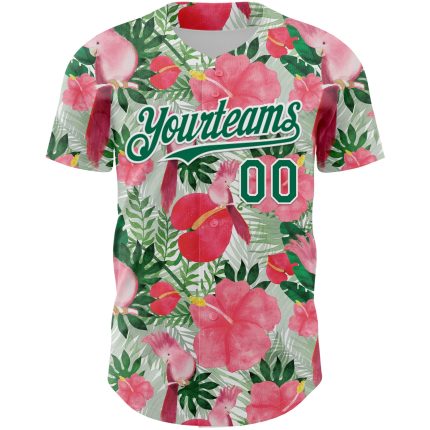 Custom Tropical Plant and Bird Baseball Jersey - Personalized 3D Pattern with Name and Number - White Kelly Green Personalized