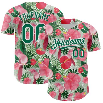 Custom Tropical Plant and Bird Baseball Jersey - Personalized 3D Pattern with Name and Number - White Kelly Green Personalized