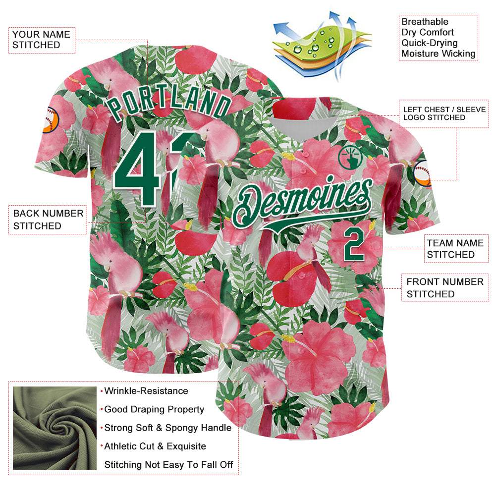 Personalized White Kelly Green 3D Pattern Design Tropical Plant And Bird Authentic Baseball Jersey Team Custom Name and Number Custom Tropical Plant and Bird Baseball Jersey - Personalized 3D Pattern with Name and Number - White Kelly Green Personalized - Image 3