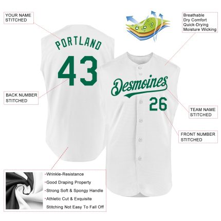 Custom Name and Number Baseball Jersey Authentic Sleeveless White Kelly Green - Personalized Team Apparel Personalized White