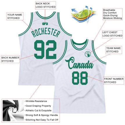 Custom Personalized Basketball Jersey with Team Name and Number, Authentic White Kelly Green Design Personalized White Kelly