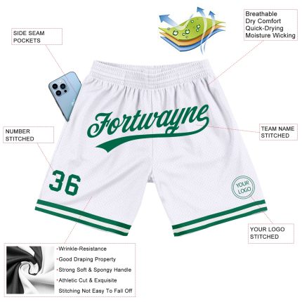 Personalized Authentic Throwback Basketball Shorts in White and Kelly Green Personalized White Kelly Green Authentic Throwback