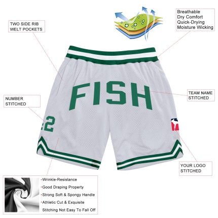Custom Personalized Basketball Shorts with Name and Number - White Kelly Green Authentic Throwback Style Personalized White