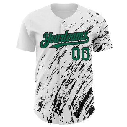Custom Name and Number Authentic Baseball Jersey - Personalized 3D Abstract Splash Design in White, Kelly Green, and Black