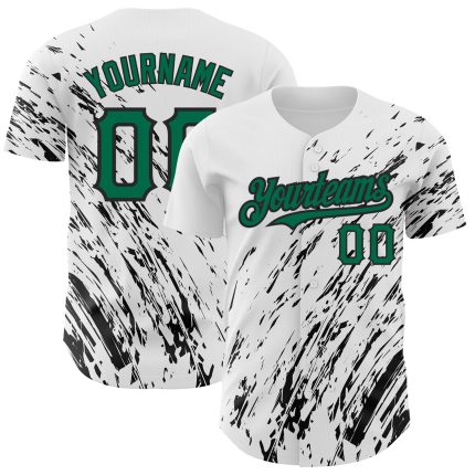 Custom Name and Number Authentic Baseball Jersey - Personalized 3D Abstract Splash Design in White, Kelly Green, and Black