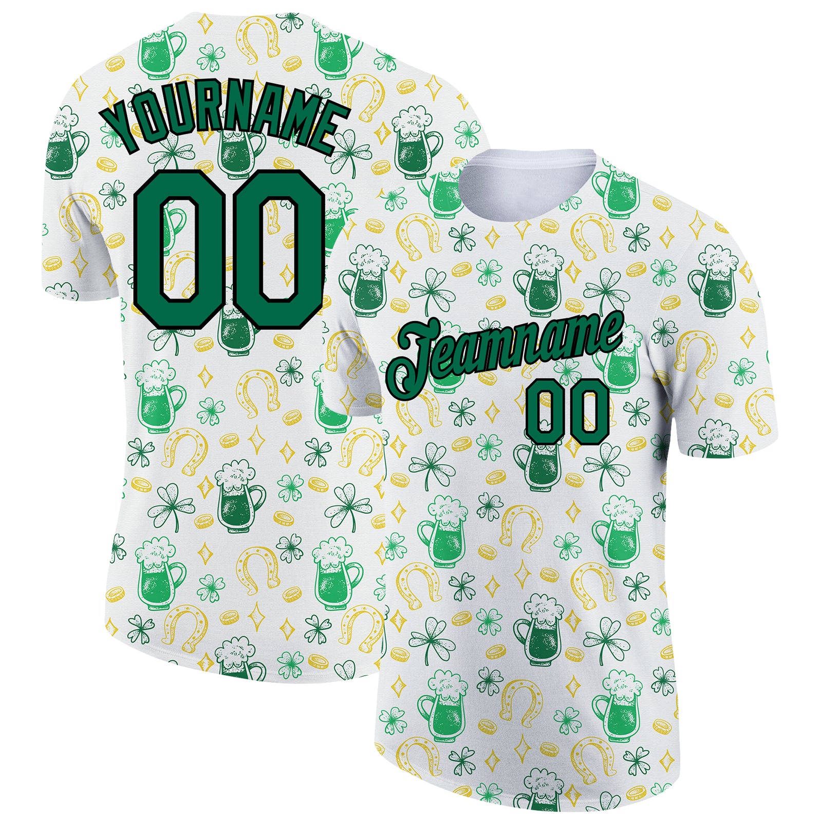Custom St. Patricks Day 3D Pattern Beer T-Shirt for Team with Name and Number - White Kelly Green-Black Design Personalized