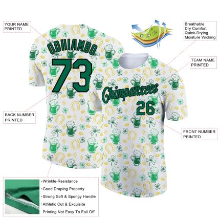 Custom St. Patricks Day 3D Pattern Beer T-Shirt for Team with Name and Number - White Kelly Green-Black Design Personalized