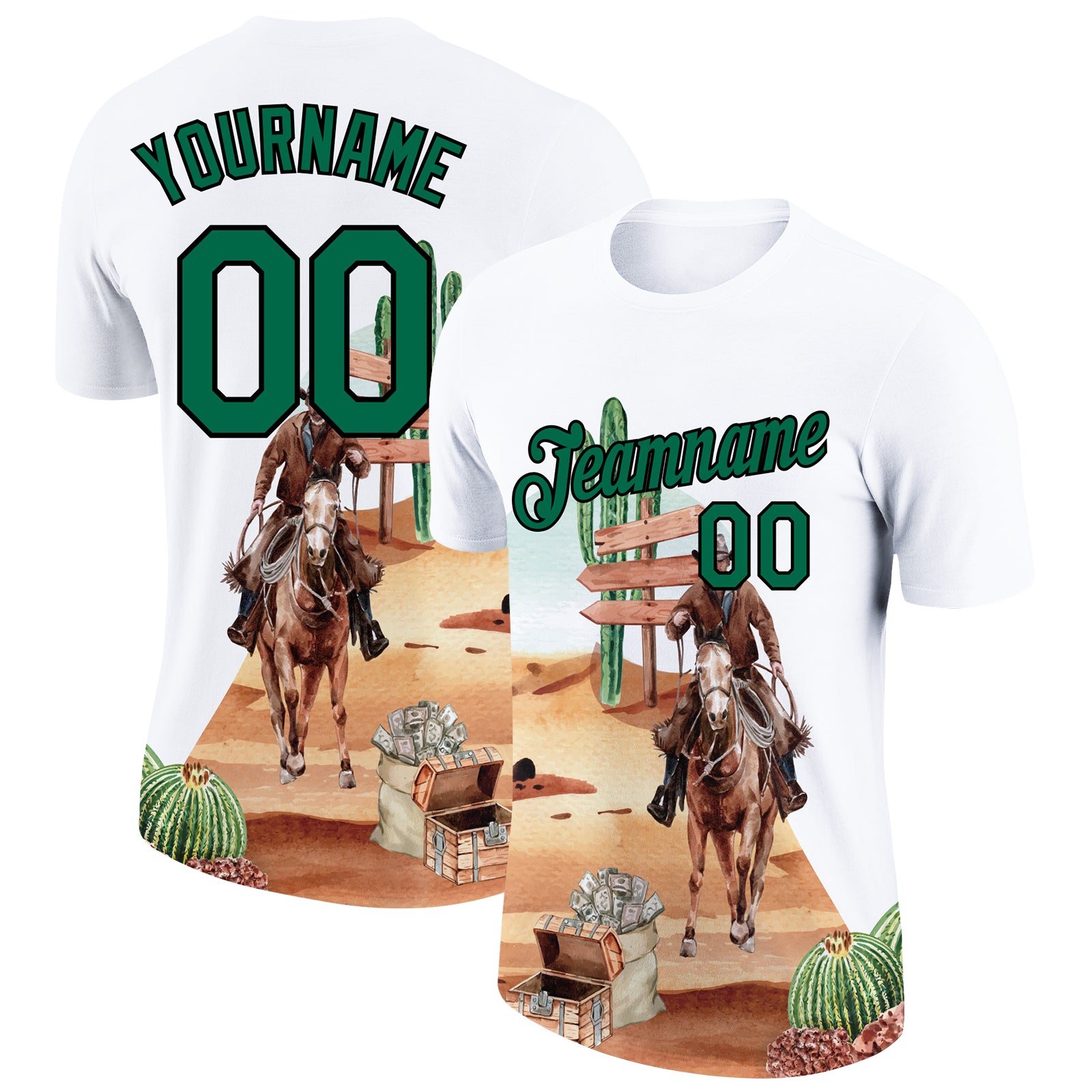 Custom Name and Number 3D Pattern Cowboy Rodeo Performance T-Shirt - Personalized White Kelly Green-Black Design Personalized