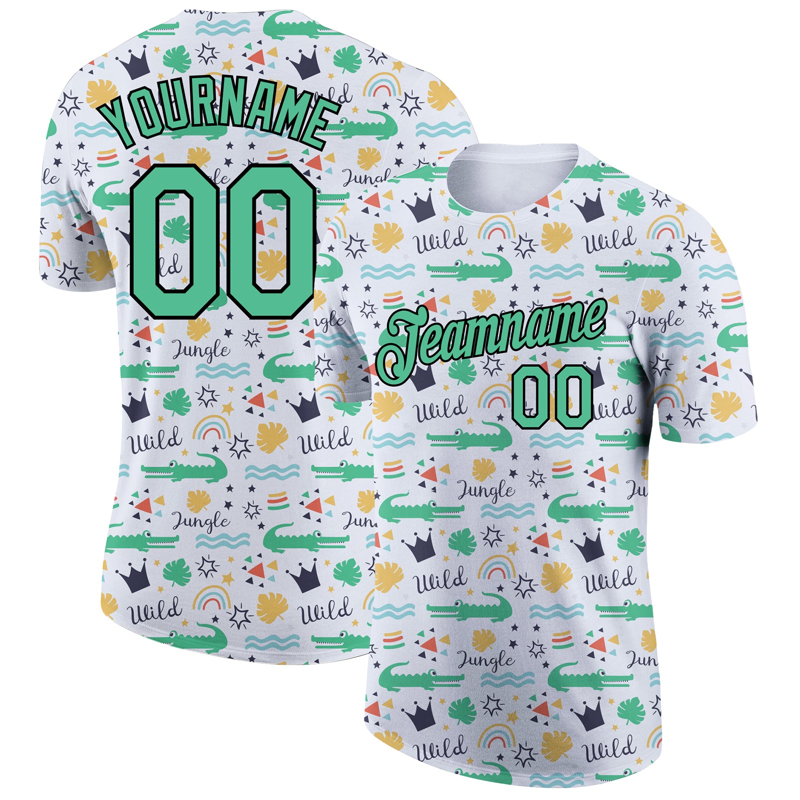 Personalized Crocodile 3D Pattern Performance T-Shirt in White Kelly Green-Black Personalized White Kelly Green-Black 3D