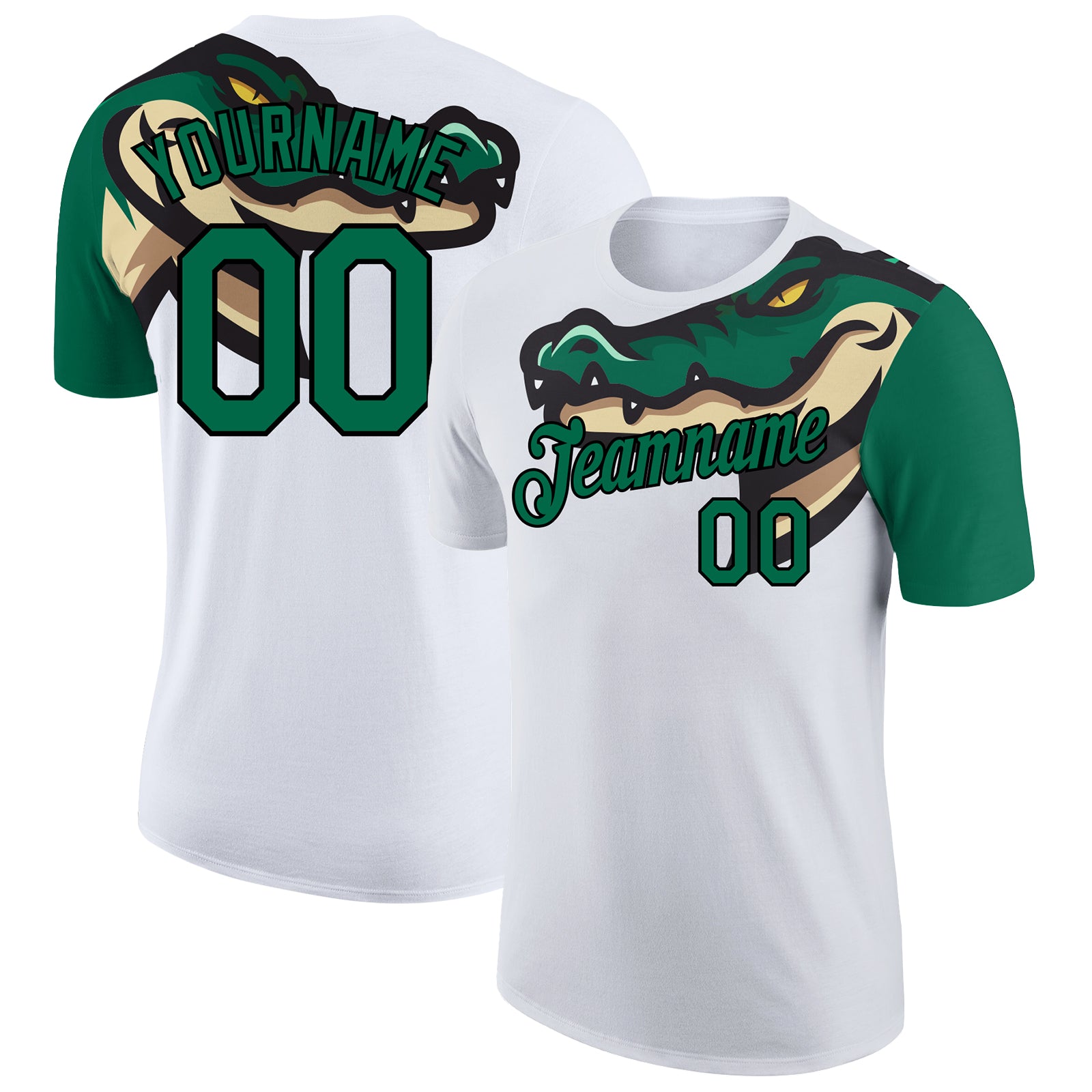 Custom Name and Number Crocodile 3D Pattern Performance T-Shirt in White and Kelly Green-Black Personalized White Kelly Green-Black