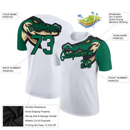 Custom Name and Number Crocodile 3D Pattern Performance T-Shirt in White and Kelly Green-Black Personalized White Kelly Green-Black