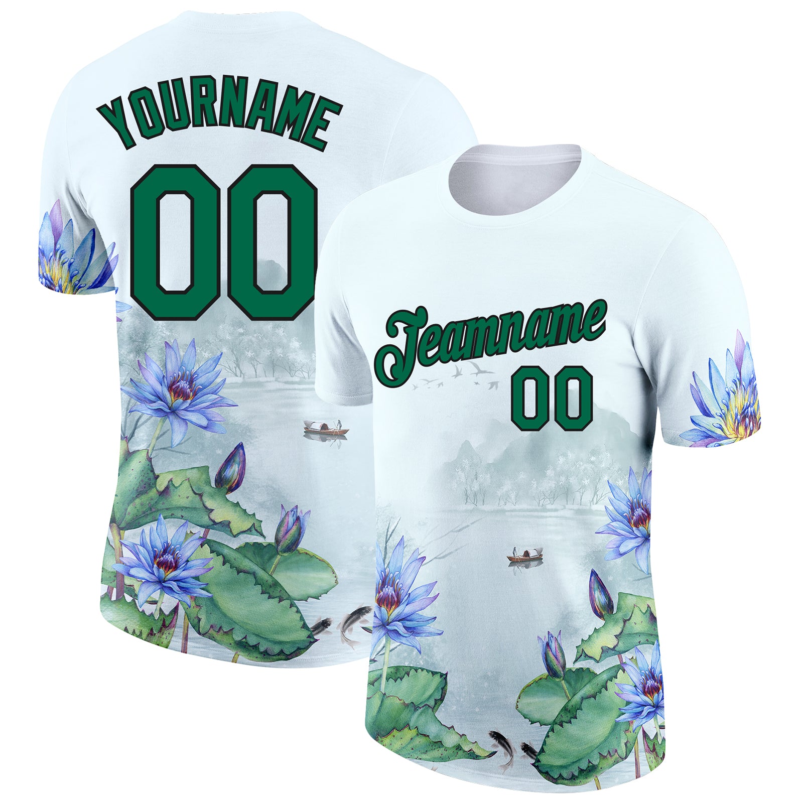 Custom Name and Number 3D Floral Performance T-Shirt in White and Kelly Green-Black Design Personalized White Kelly Green-Black