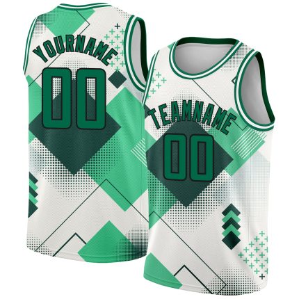 Custom Name 3D Geometric Basketball Jersey City Edition - Personalized White Kelly Green Black Design Personalized White