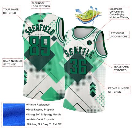 Custom Name 3D Geometric Basketball Jersey City Edition - Personalized White Kelly Green Black Design Personalized White