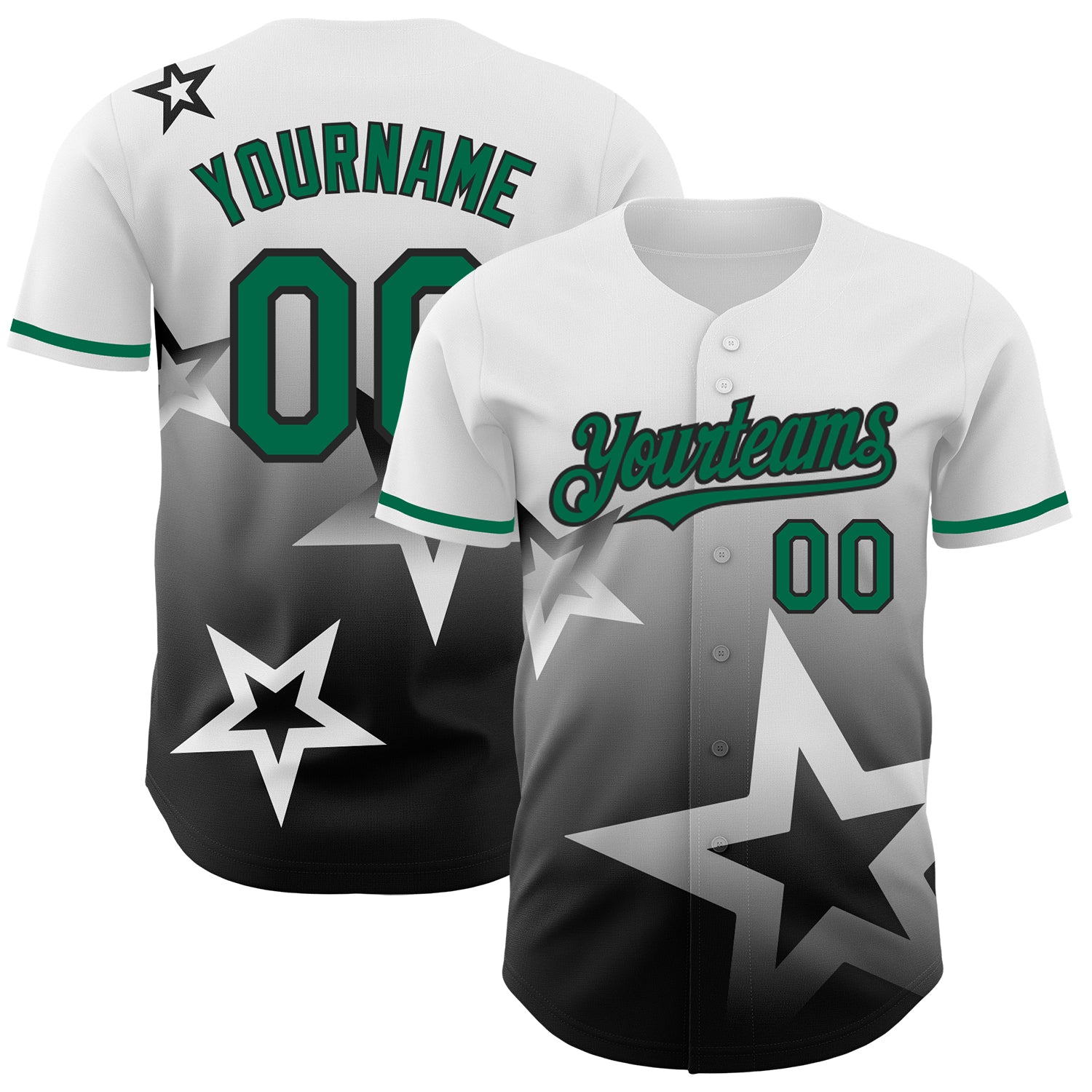 Custom Name and Number Personalized Gradient Twinkle Star Baseball Jersey - White Kelly Green-Black 3D Pattern Design Personalized