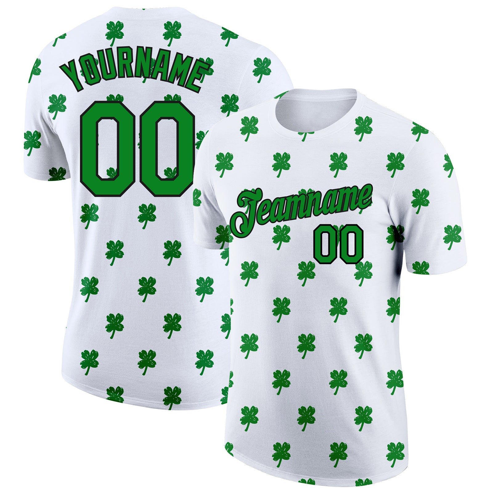 Custom Name and Number St. Patricks Day Clovers Performance T-Shirt - Personalized White Kelly Green-Black Design Personalized