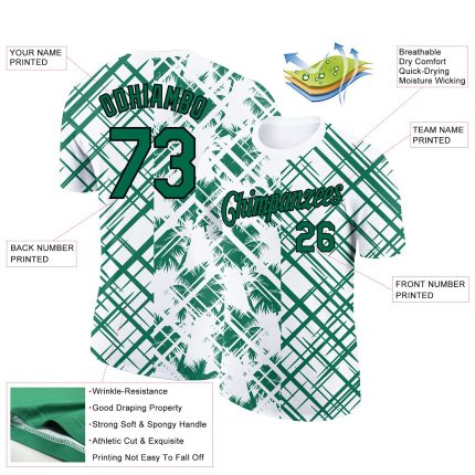Custom Tropical Hawaii Trees Performance T-Shirt with Team Name and Number in White Kelly Green-Black Personalized White