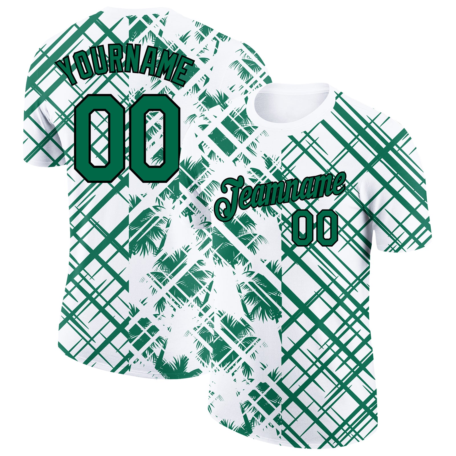 Custom Tropical Hawaii Trees Performance T-Shirt with Team Name and Number in White Kelly Green-Black Personalized White