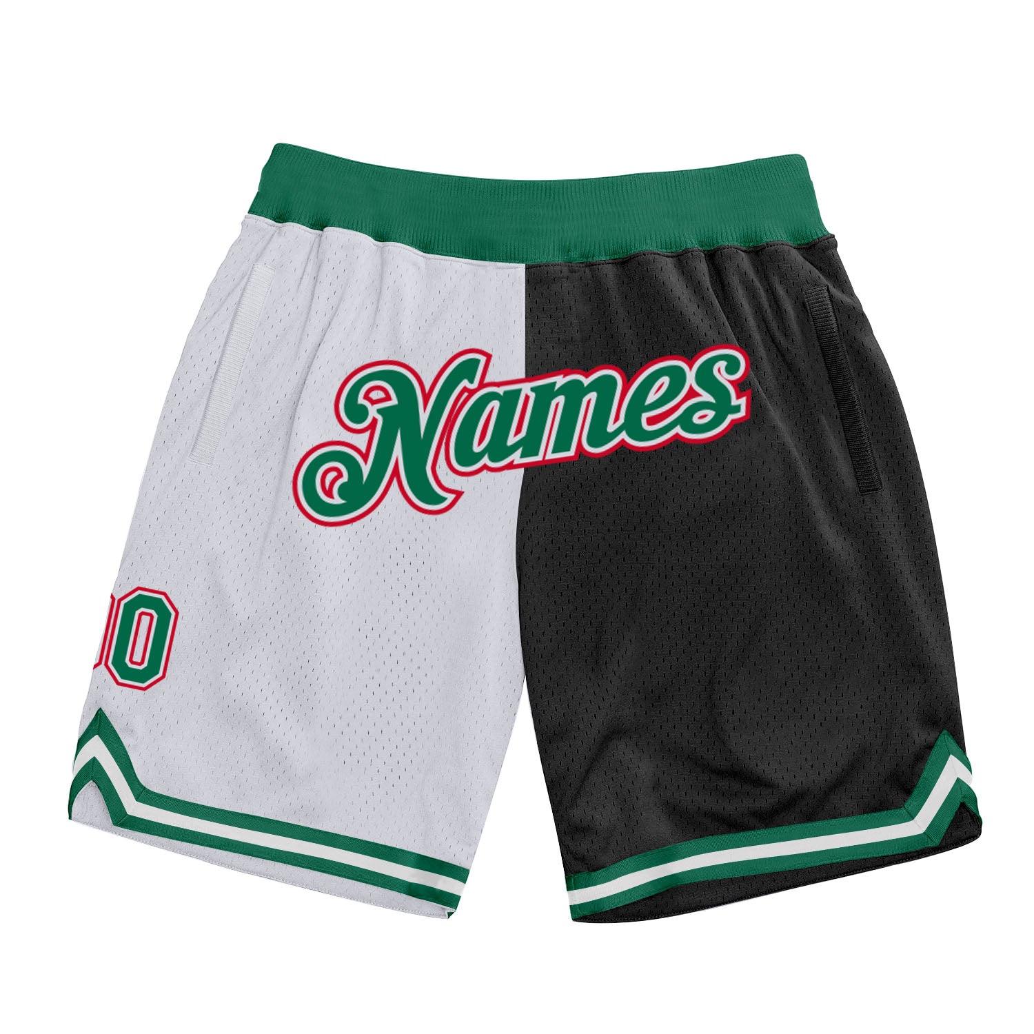 Custom Team Basketball Shorts with Name & Number - Authentic White Kelly Green-Black Throwback Fashion Design Personalized