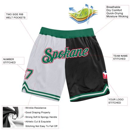 Custom Team Basketball Shorts with Name & Number - Authentic White Kelly Green-Black Throwback Fashion Design Personalized