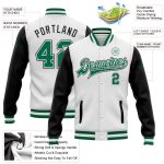 Custom Team Bomber Jacket with Personalized Name and Number, Two Tone Green Black Full-Snap Varsity Letterman Style Personalized