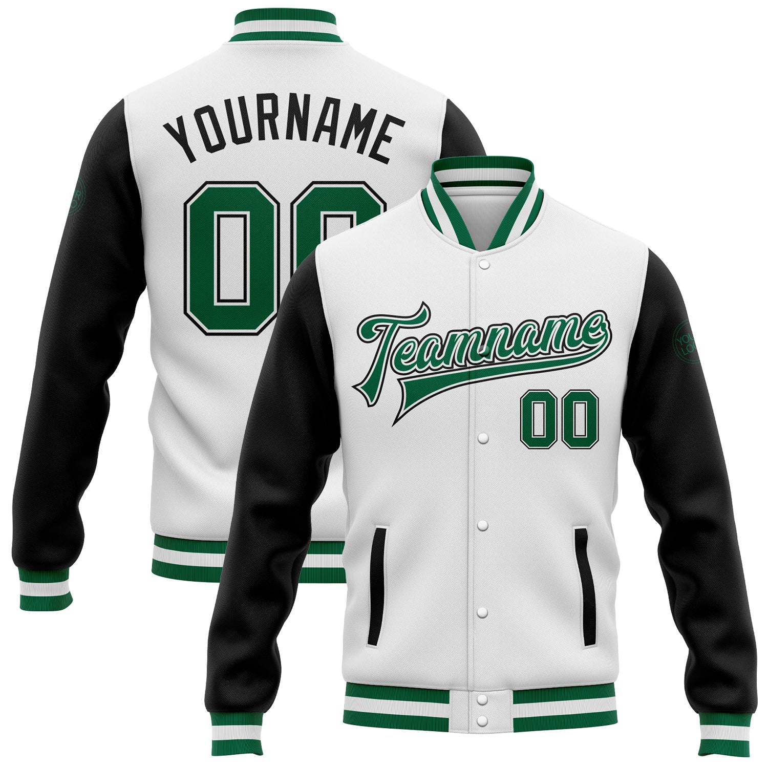 Custom Team Bomber Jacket with Personalized Name and Number, Two Tone Green Black Full-Snap Varsity Letterman Style Personalized
