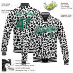 Custom Name Number Bomber Jacket - Personalized Leopard Print Varsity Letterman Jacket in White Kelly Green-Black 3D Pattern Design