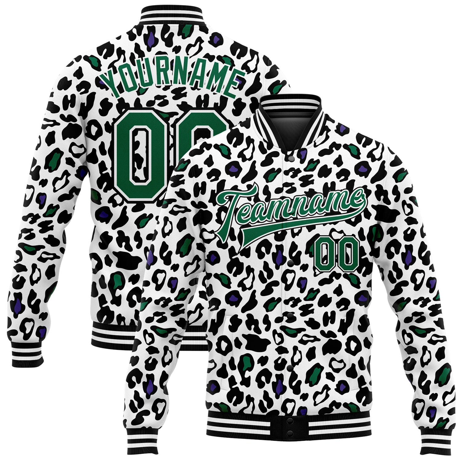 Custom Name Number Bomber Jacket - Personalized Leopard Print Varsity Letterman Jacket in White Kelly Green-Black 3D Pattern Design