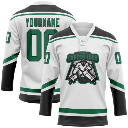 Custom Name and Number Hockey Jersey in White Kelly Green-Black Lace Neck, Personalized Team Apparel Personalized White Kelly