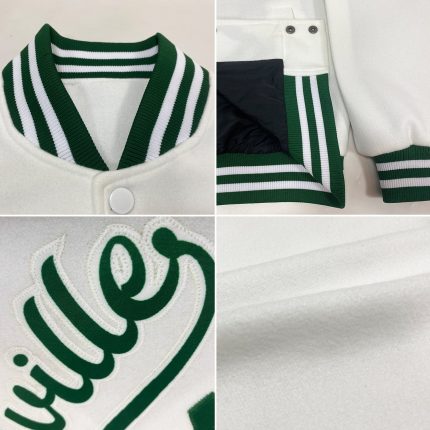 Custom Team Name Number White Kelly Green Bomber Varsity Letterman Jacket - Personalized Full-Snap Design Personalized White