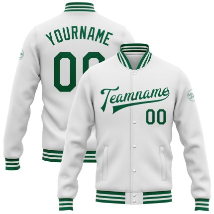 Custom Team Name Number White Kelly Green Bomber Varsity Letterman Jacket - Personalized Full-Snap Design Personalized White