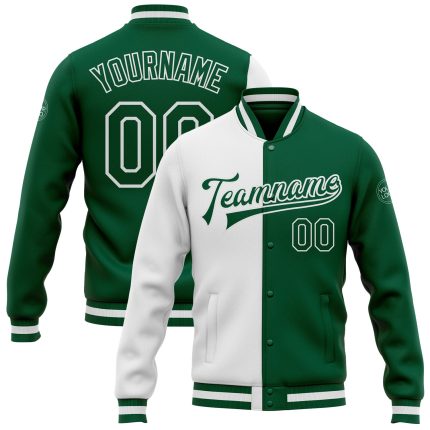 Custom Varsity Letterman Jacket with Personalized Name and Number - White Kelly Green Bomber Full-Snap Fashion Jacket Personalized