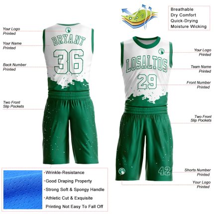 Custom Basketball Jersey with Personalized Name and Number - White Kelly Green Color Splash Round Neck Sublimation Suit Personalized