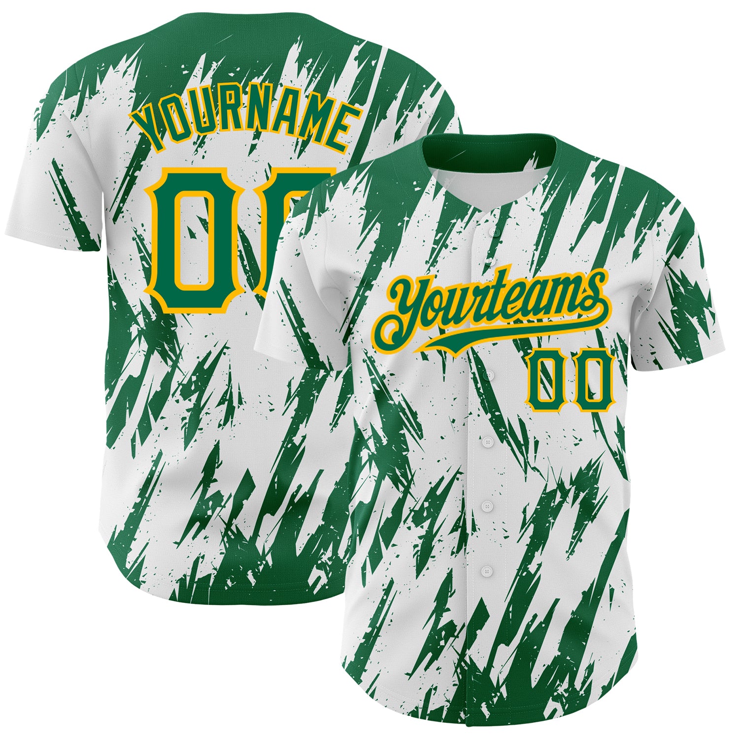 Custom Personalized 3D Pattern Baseball Jersey with Name and Number - White Kelly Green-Gold Sharp Design Personalized White