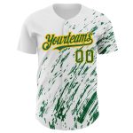 Custom Name Number Baseball Jersey, Personalized 3D Abstract Splash Design, White Kelly Green Gold, Authentic Team Apparel