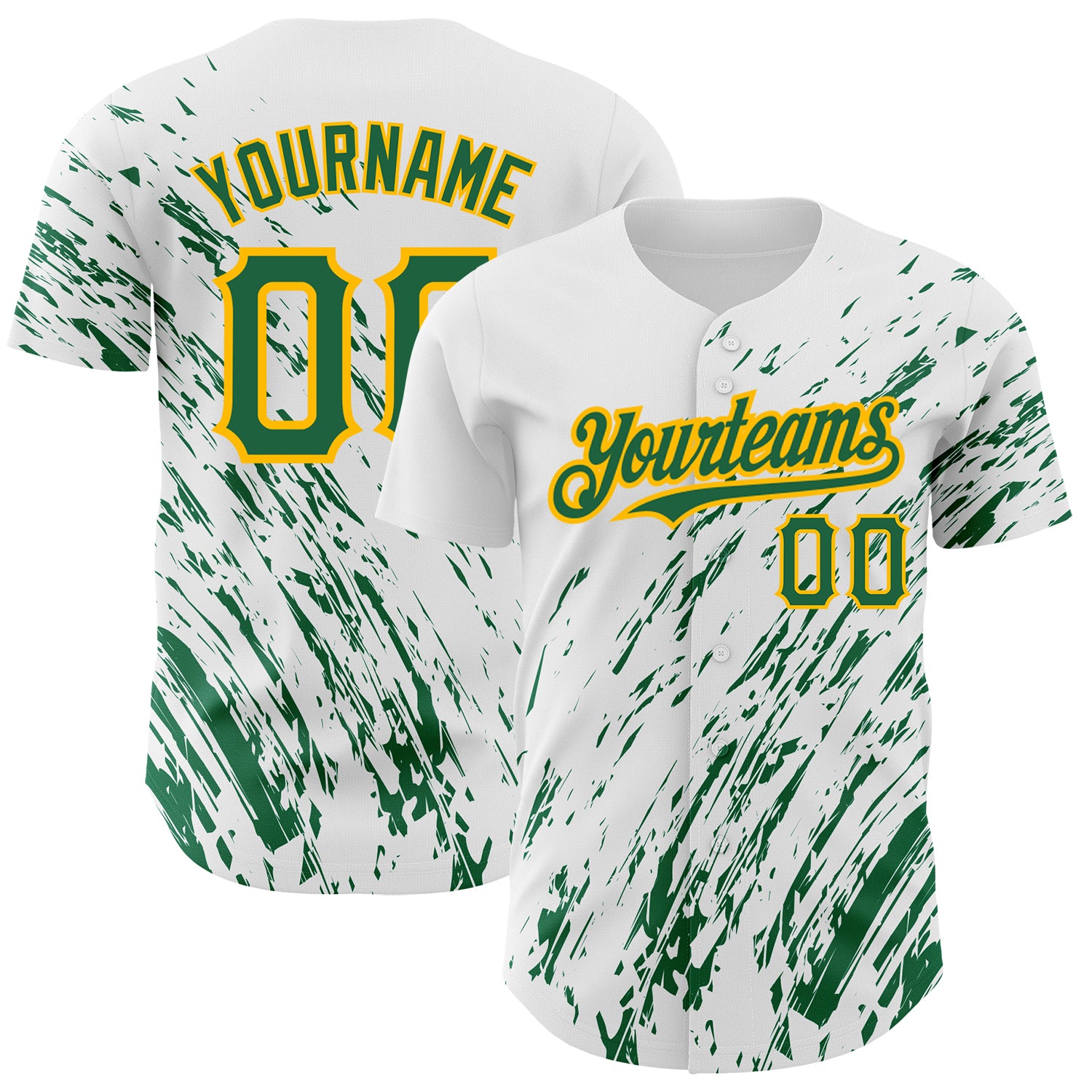 Custom Name Number Baseball Jersey, Personalized 3D Abstract Splash Design, White Kelly Green Gold, Authentic Team Apparel