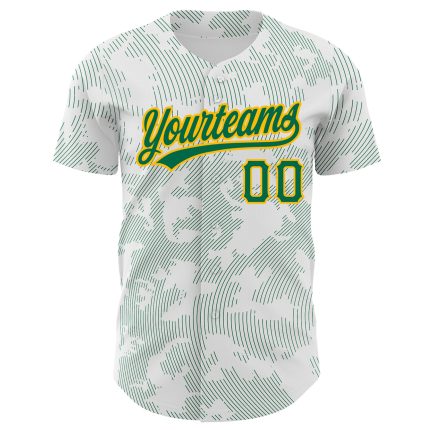 Custom Authentic Baseball Jersey with Personalized Name & Number, White Kelly Green-Gold 3D Pattern Design, Curve Lines Personalized