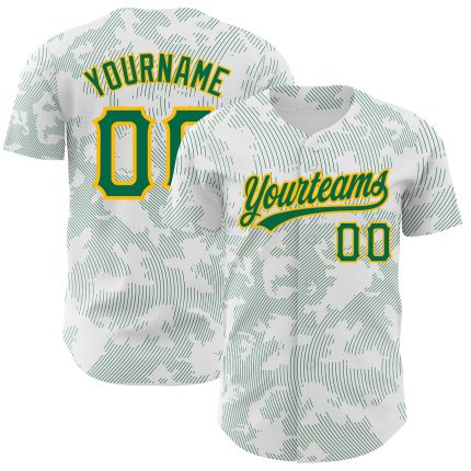 Custom Authentic Baseball Jersey with Personalized Name & Number, White Kelly Green-Gold 3D Pattern Design, Curve Lines Personalized