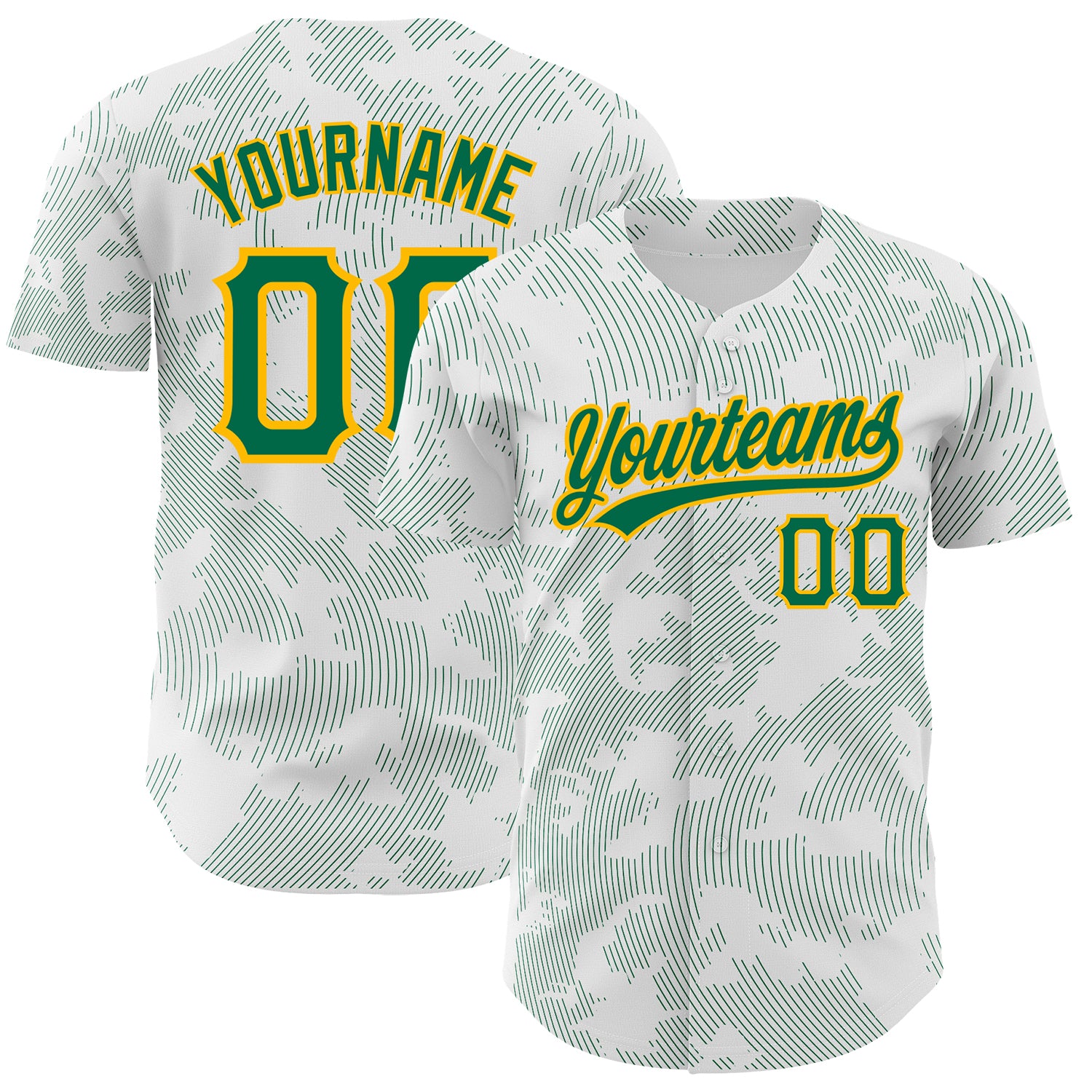 Custom Authentic Baseball Jersey with Personalized Name & Number, White Kelly Green-Gold 3D Pattern Design, Curve Lines Personalized
