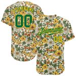 Custom Name Number 3D Pattern Flowers Baseball Jersey - Personalized White Kelly Green Gold Design Personalized White Kelly