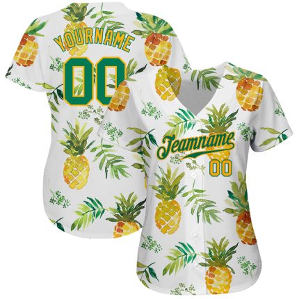Custom 3D Pineapple Baseball Jersey with Name & Number - Personalized White Kelly Green Gold Design Personalized White Kelly