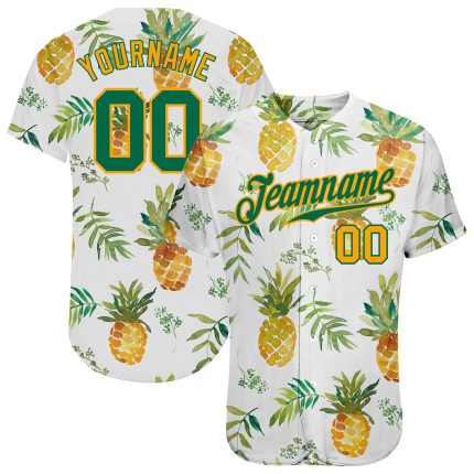 Custom 3D Pineapple Baseball Jersey with Name & Number - Personalized White Kelly Green Gold Design Personalized White Kelly